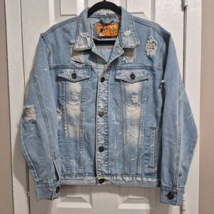 Rolling Paper Mens Distressed Denim Jacket Light Wash Paint Splatter Size M